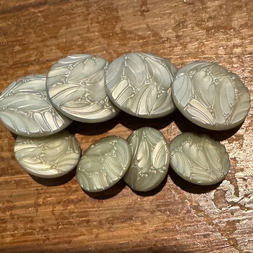 8 Vintage Iridescent Sage Green Art Nouveau Floral Leaf Shank Buttons Set